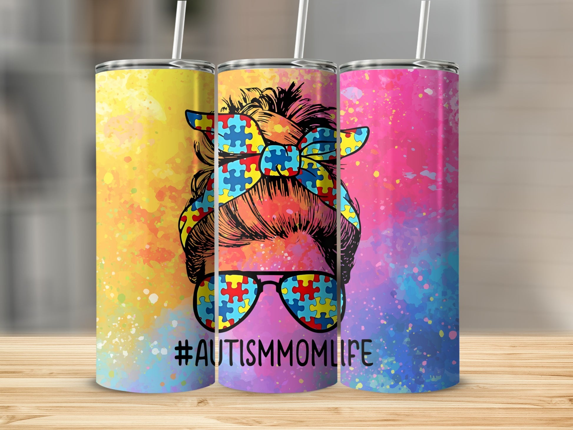 Colorful Autism Mom Life Puzzle Pattern Tumbler
