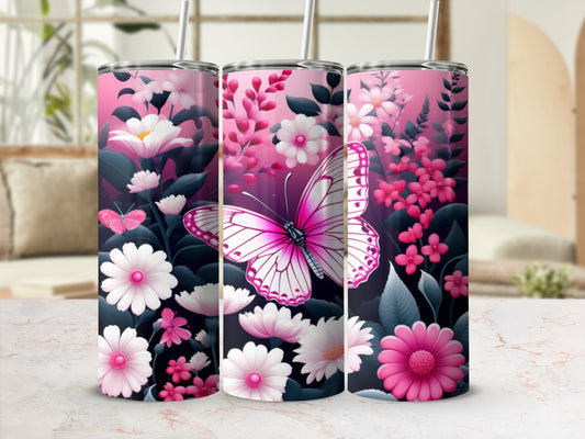 Pink and white floral pattern with a prominent butterfly on a tumbler.