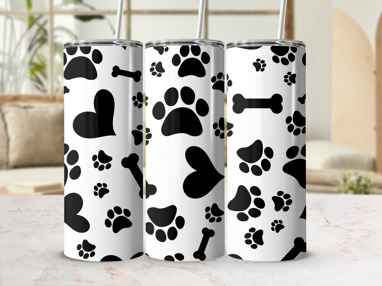 Black and White Paw Print and Bones Pattern Tumbler