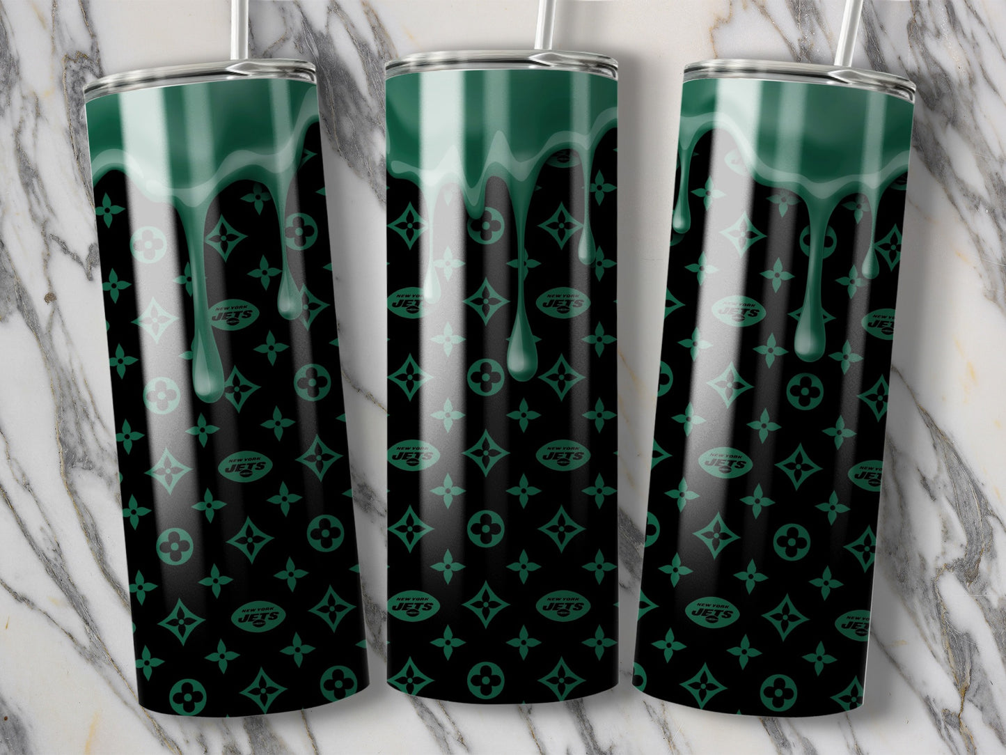 New York Jets Logos Green Drip Pattern Black Background Tumblers