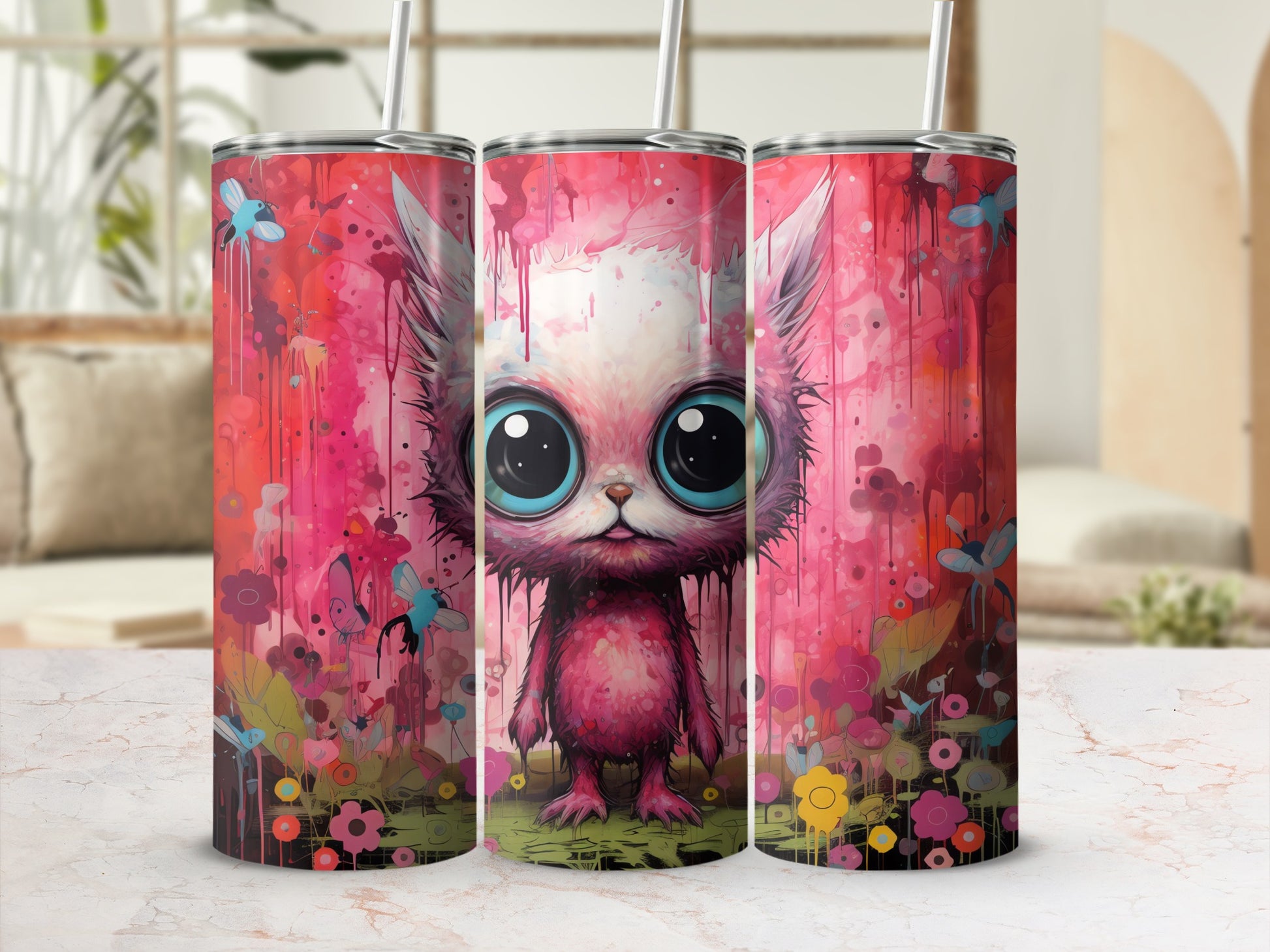 Cute Big Eyes Pink Monster Vibrant Flowers Tumbler product type