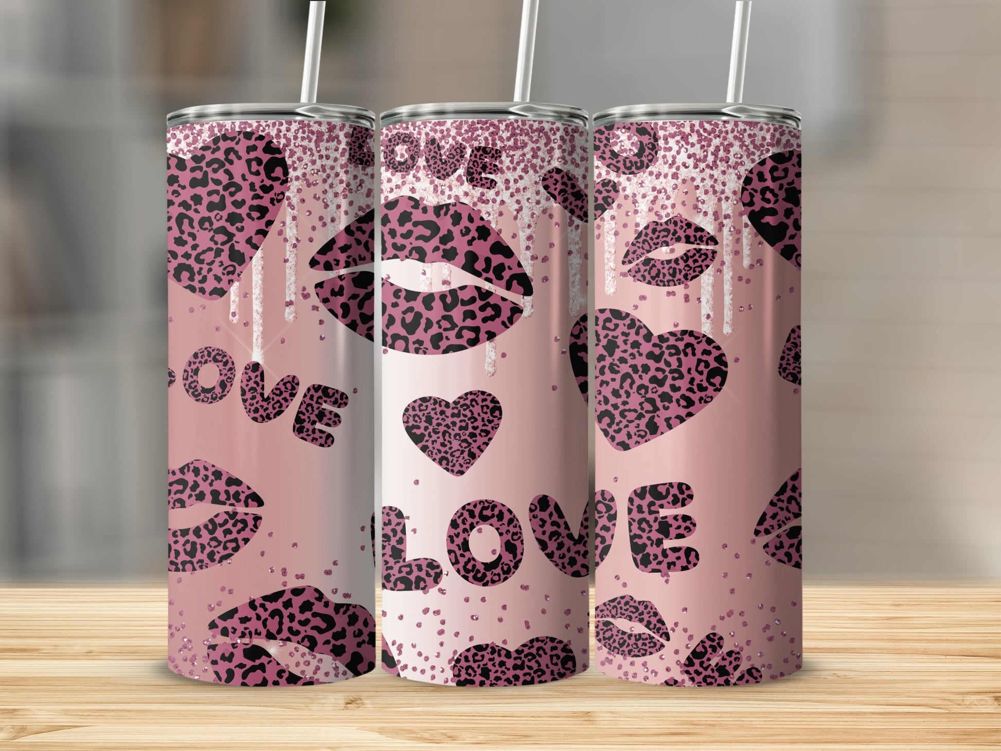 Pink Leopard Print Love Heart and Lips Tumbler