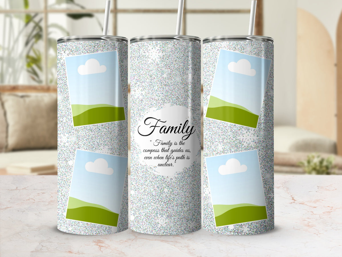 Three tumblers with glitter and "Family" quote with landscape photo placeholders.