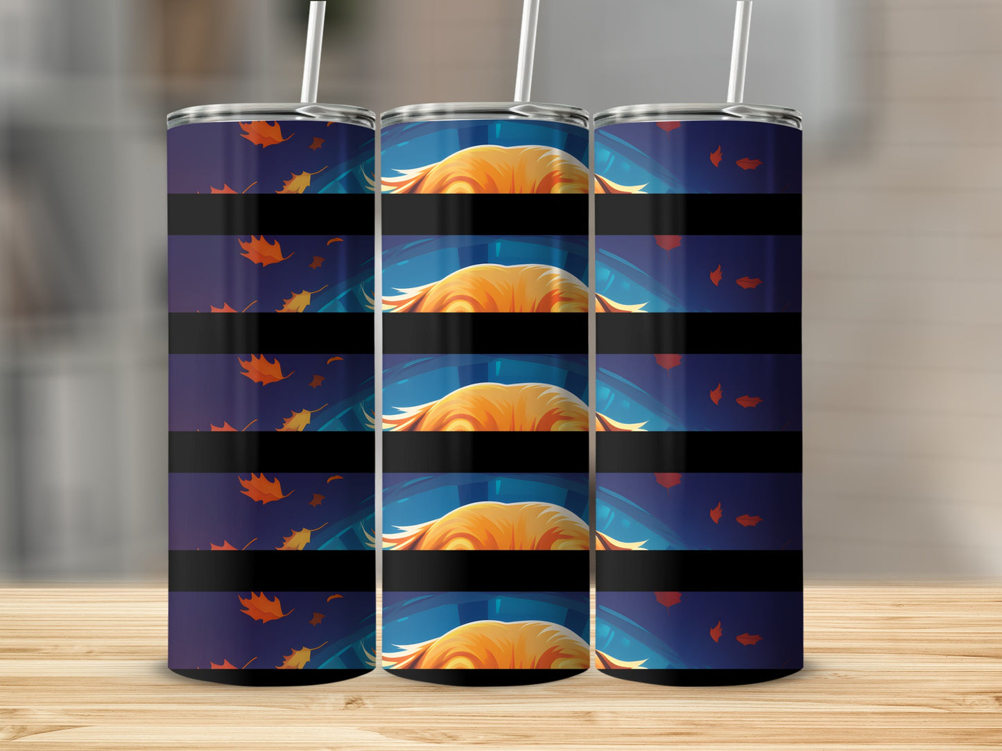 Three tumblers featuring an anime character's blonde hair and falling autumn leaves.