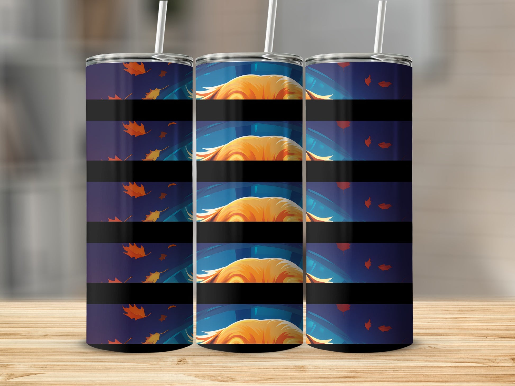 Three tumblers featuring an anime character's blonde hair and falling autumn leaves.