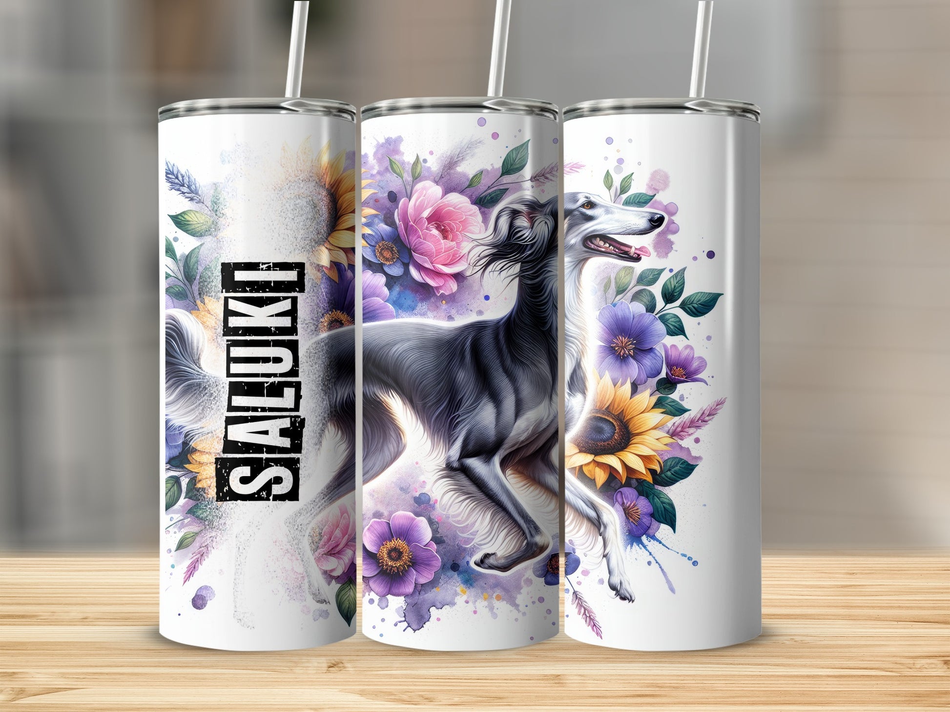 Three tumblers with saluki dog and floral watercolor art.