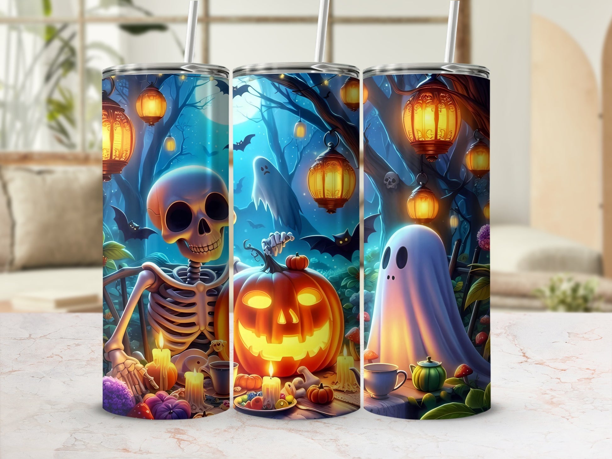 Three tumblers featuring a Halloween scene with a skeleton, jack-o'-lantern, and ghost.