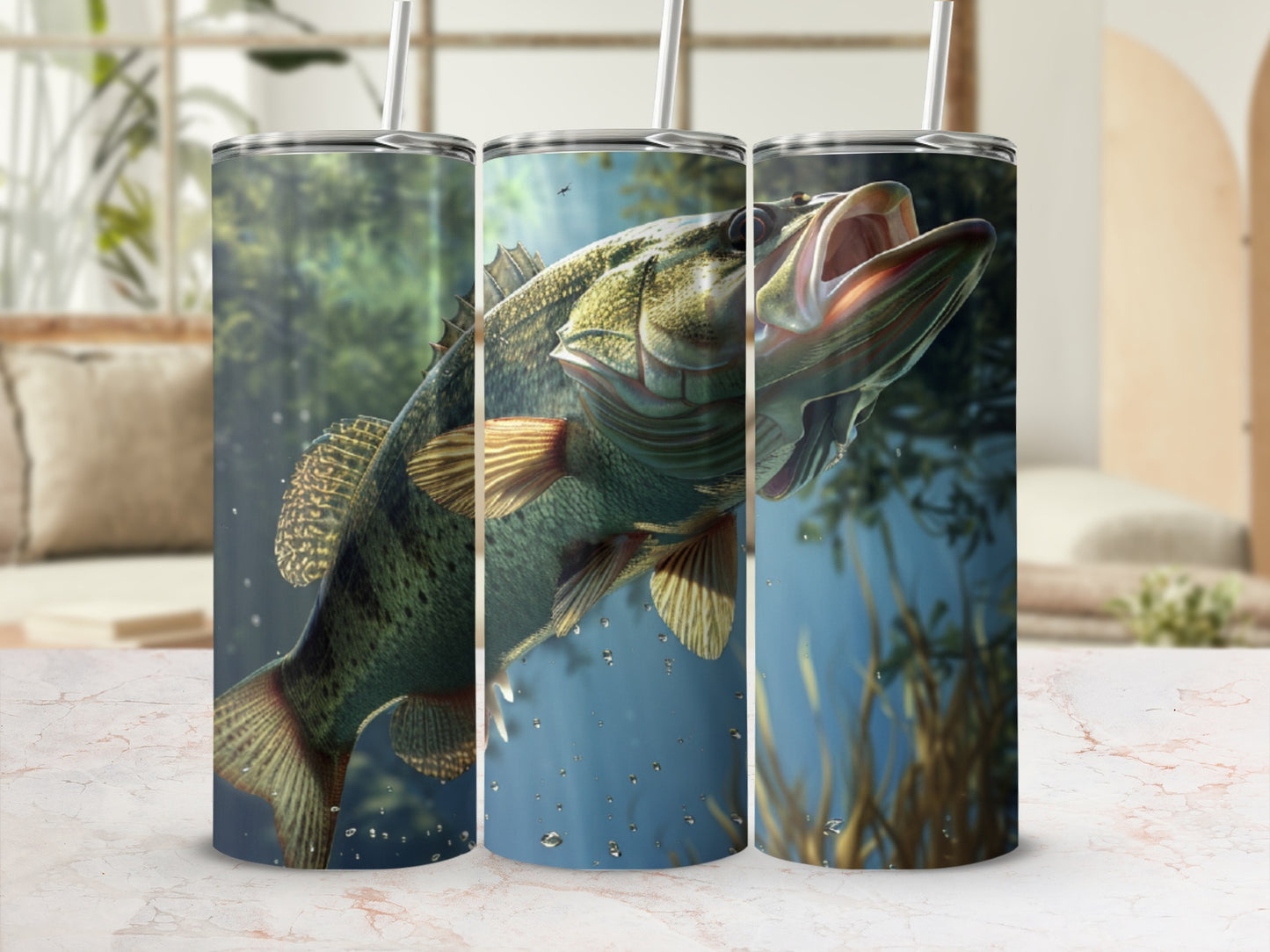 Largemouth bass leaping from water on a tumbler.