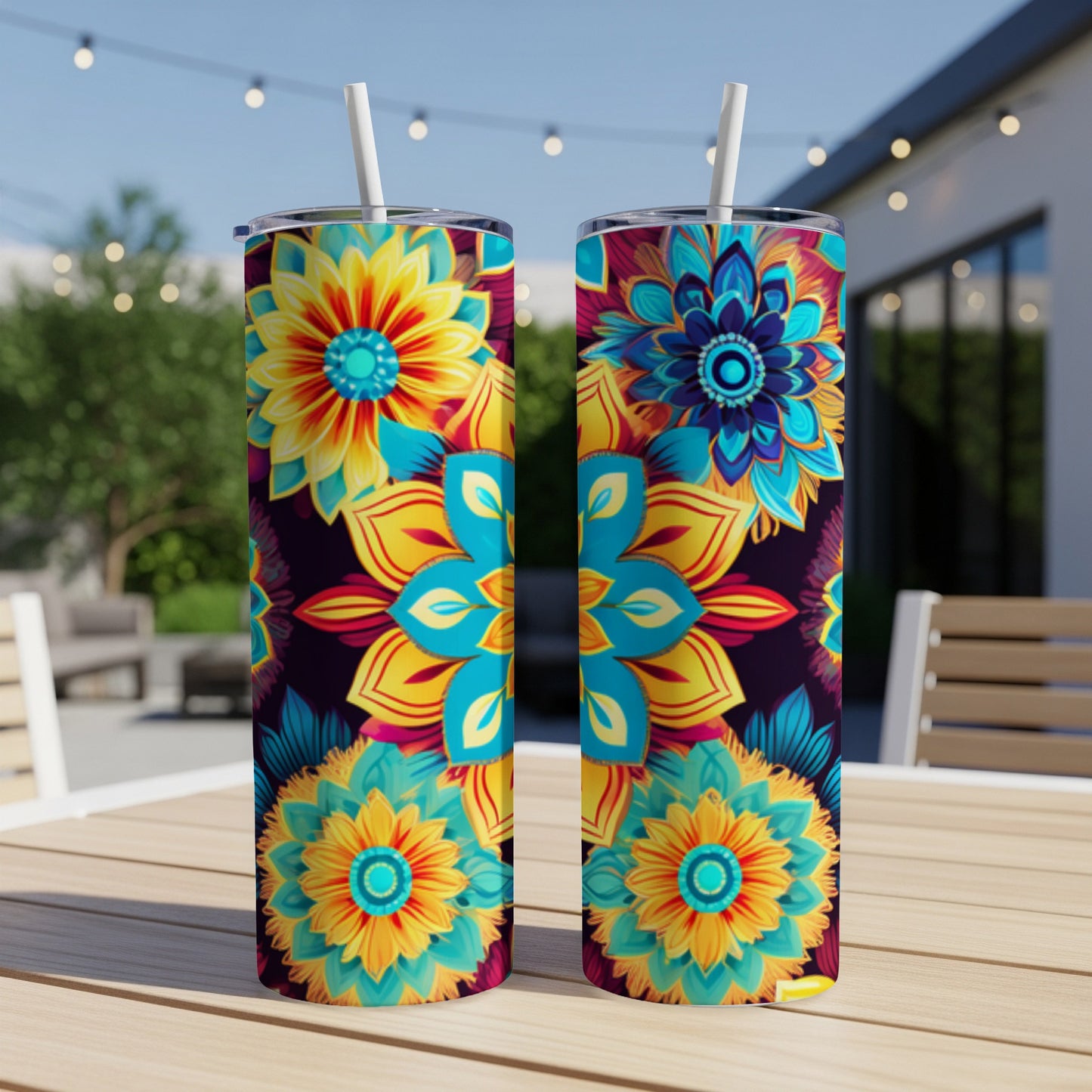 Two colorful floral pattern tumblers with straws on a wooden table.