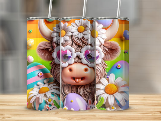 Cow wearing heart-shaped glasses and daisy crown, surrounded by Easter eggs and bunnies.
