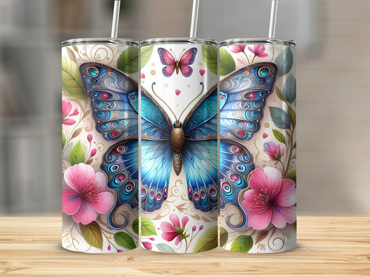Two tumblers with blue butterfly and pink floral design.