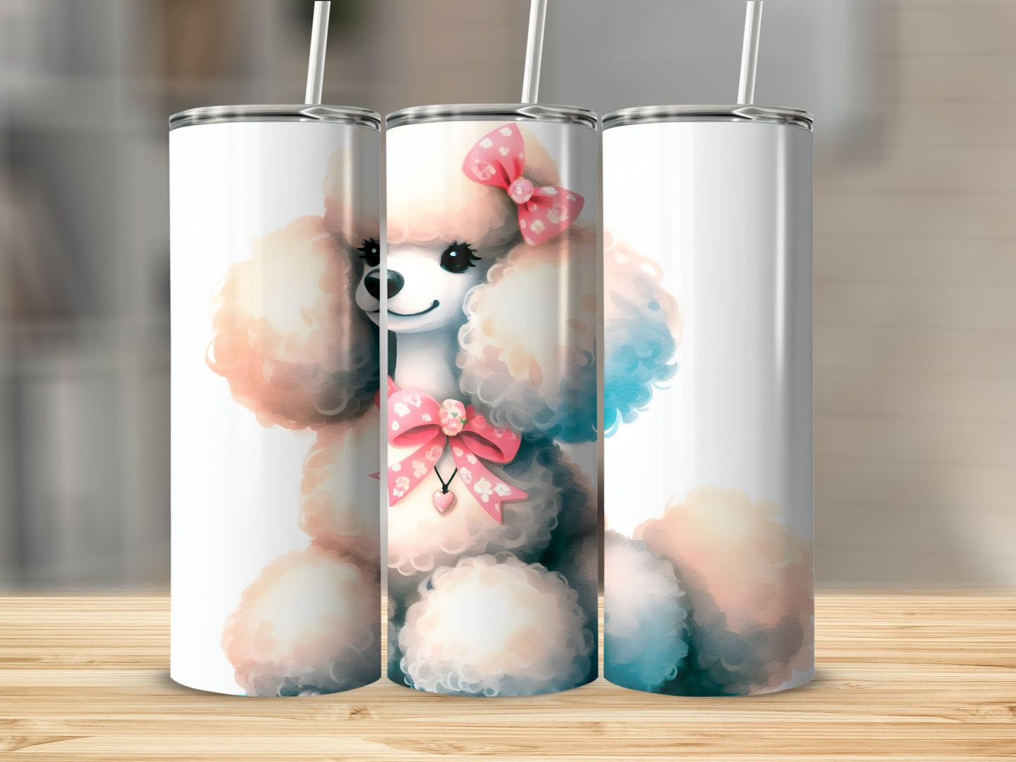Pink poodle with bows on a white tumbler, artistically rendered.