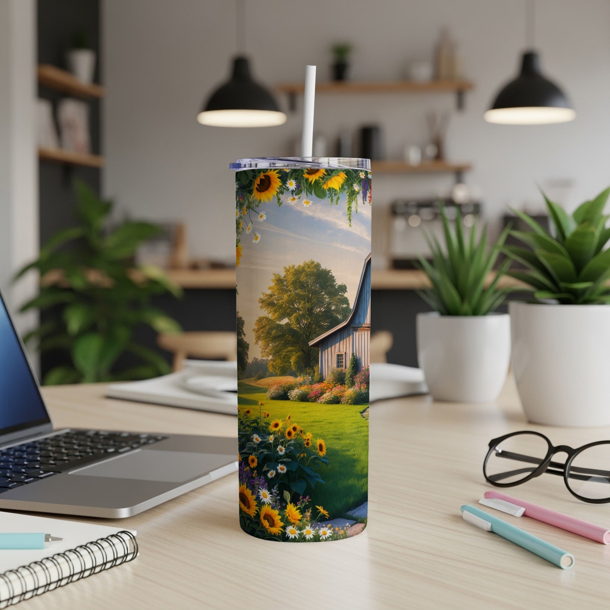 Rustic barn and sunflowers on a tall tumbler cup.