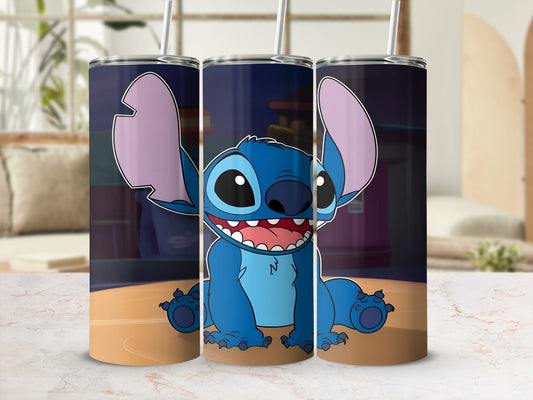 Blue Stitch character on a tumbler with a white straw.