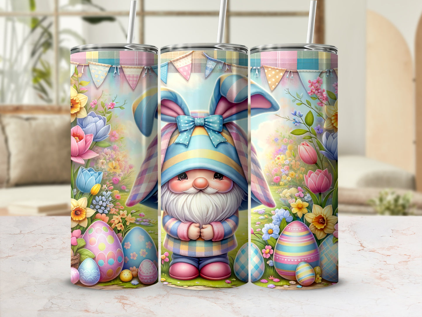 Easter gnome with bunny ears in a field of flowers and painted eggs.