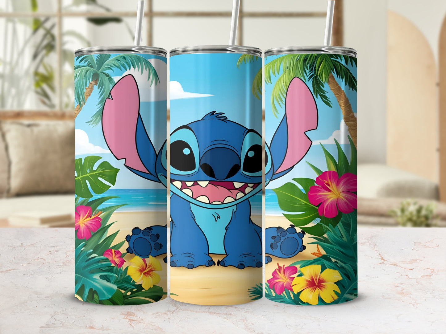 Stitch from Lilo & Stitch on a tropical beach with palm trees and hibiscus flowers.