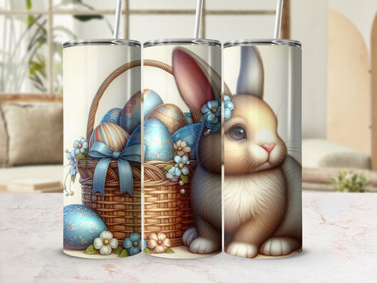Easter bunny and decorated eggs in a basket.
