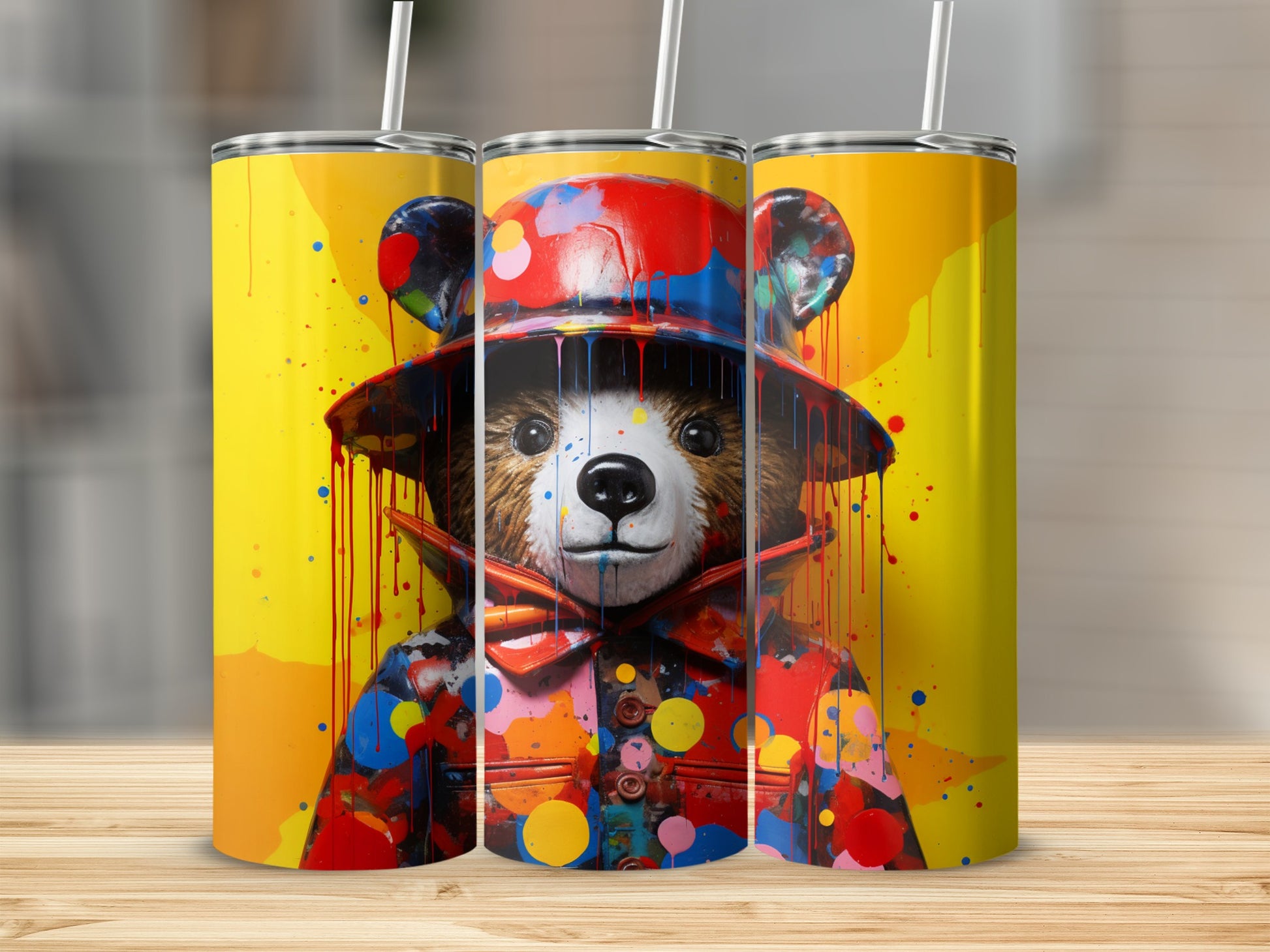 Colorful Bear in a Raincoat Tumbler Cup Design