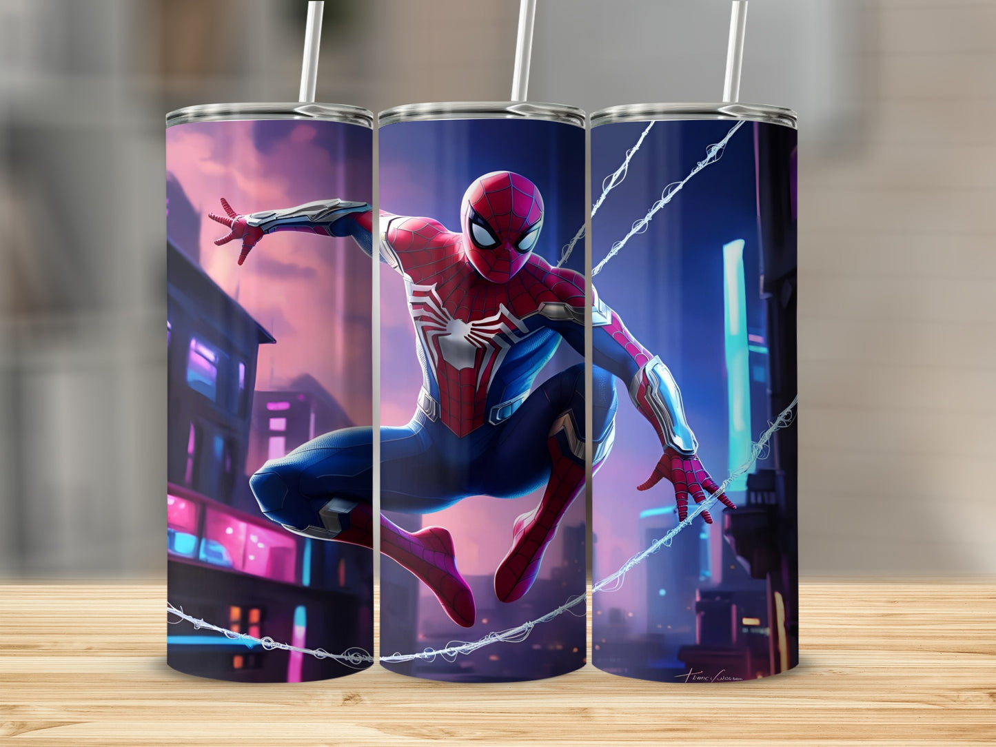 Spider-Man in dynamic pose against a neon-lit city skyline.