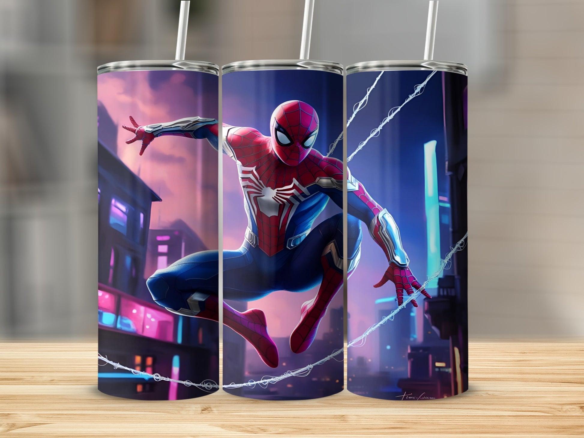 Spider-Man in dynamic pose against a neon-lit city skyline.