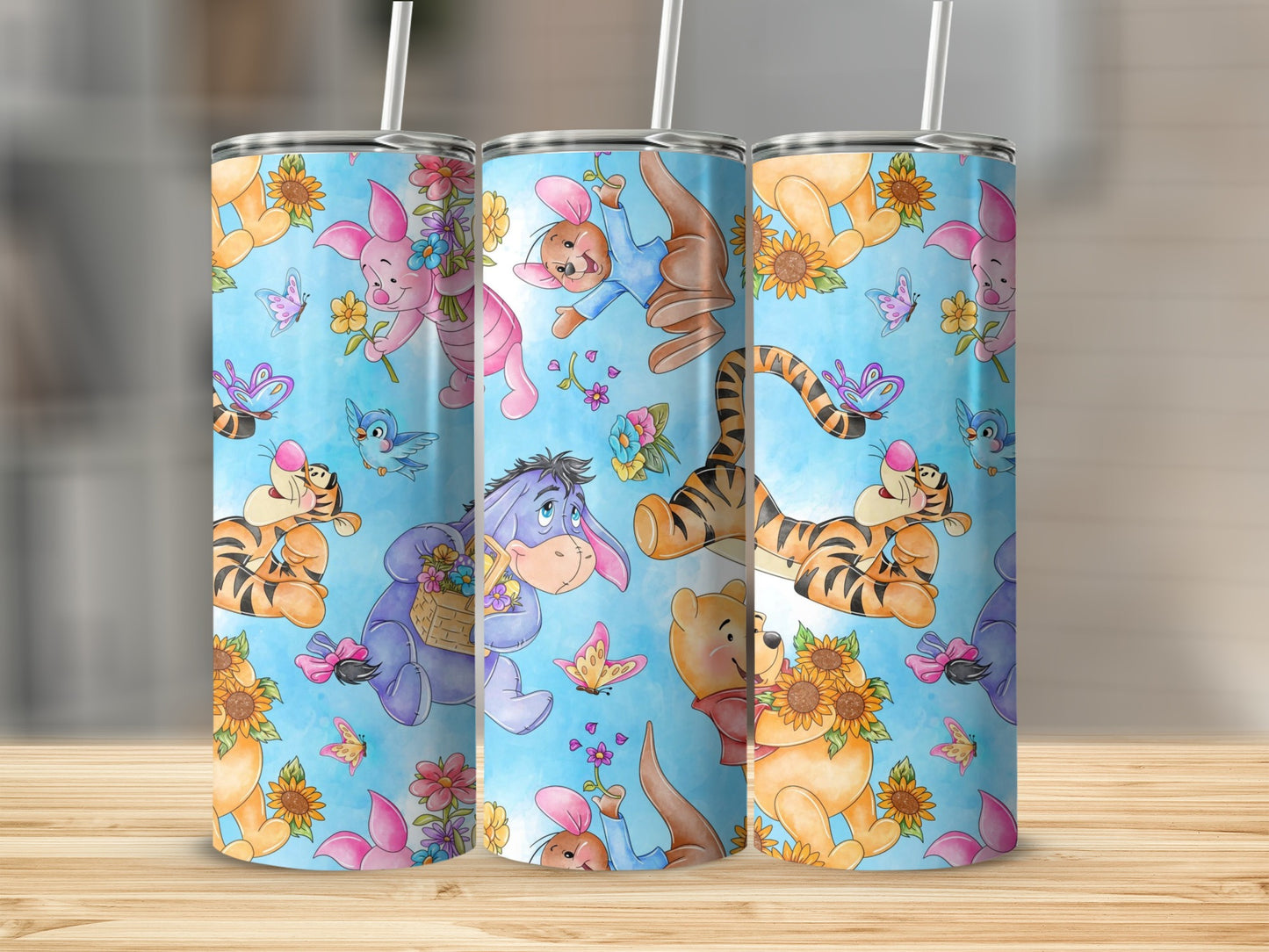 Winnie the Pooh and Friends Flowers Blue Background Tumblers