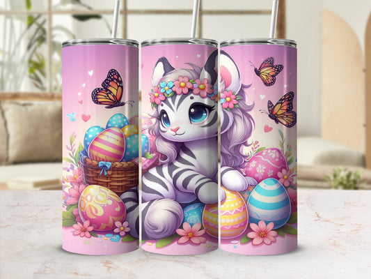 White tiger cub with flower crown and Easter eggs on a pink tumbler.