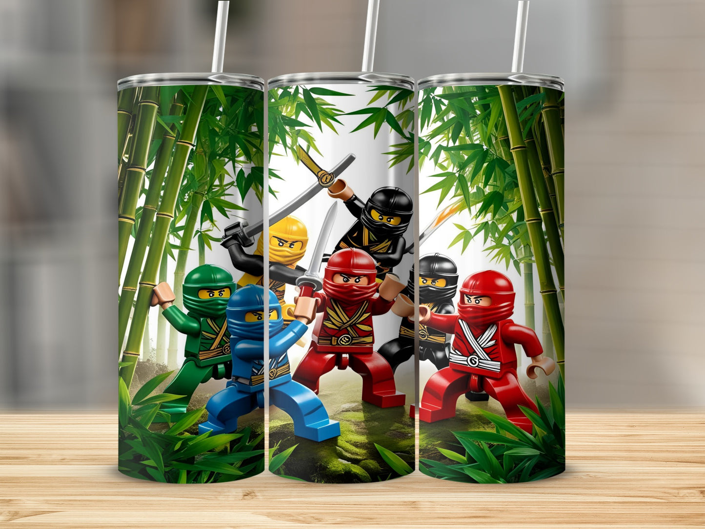 LEGO Ninjago characters in fighting poses surrounded by bamboo stalks.