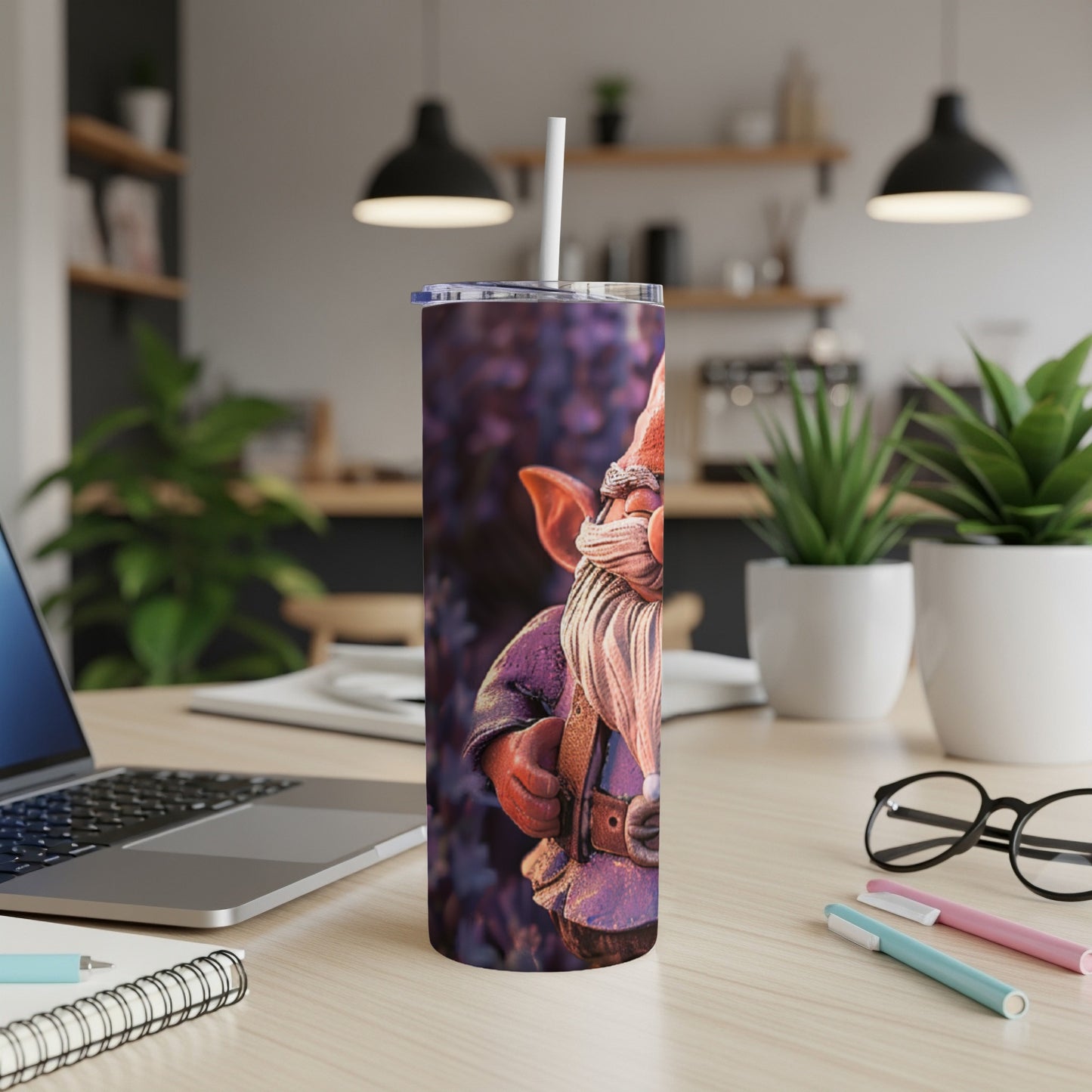 Garden gnome design on a purple tumbler with a straw.