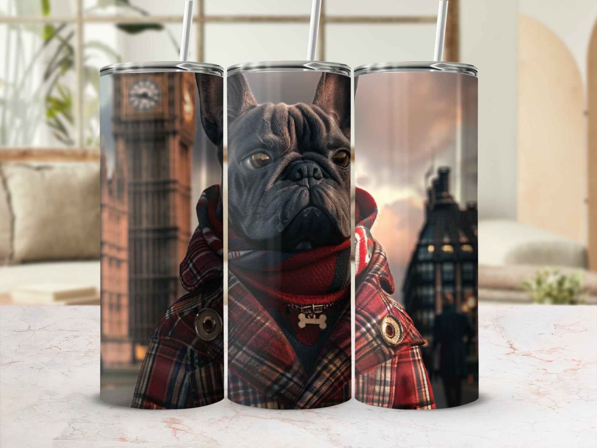 French bulldog in plaid coat and scarf in front of London buildings.