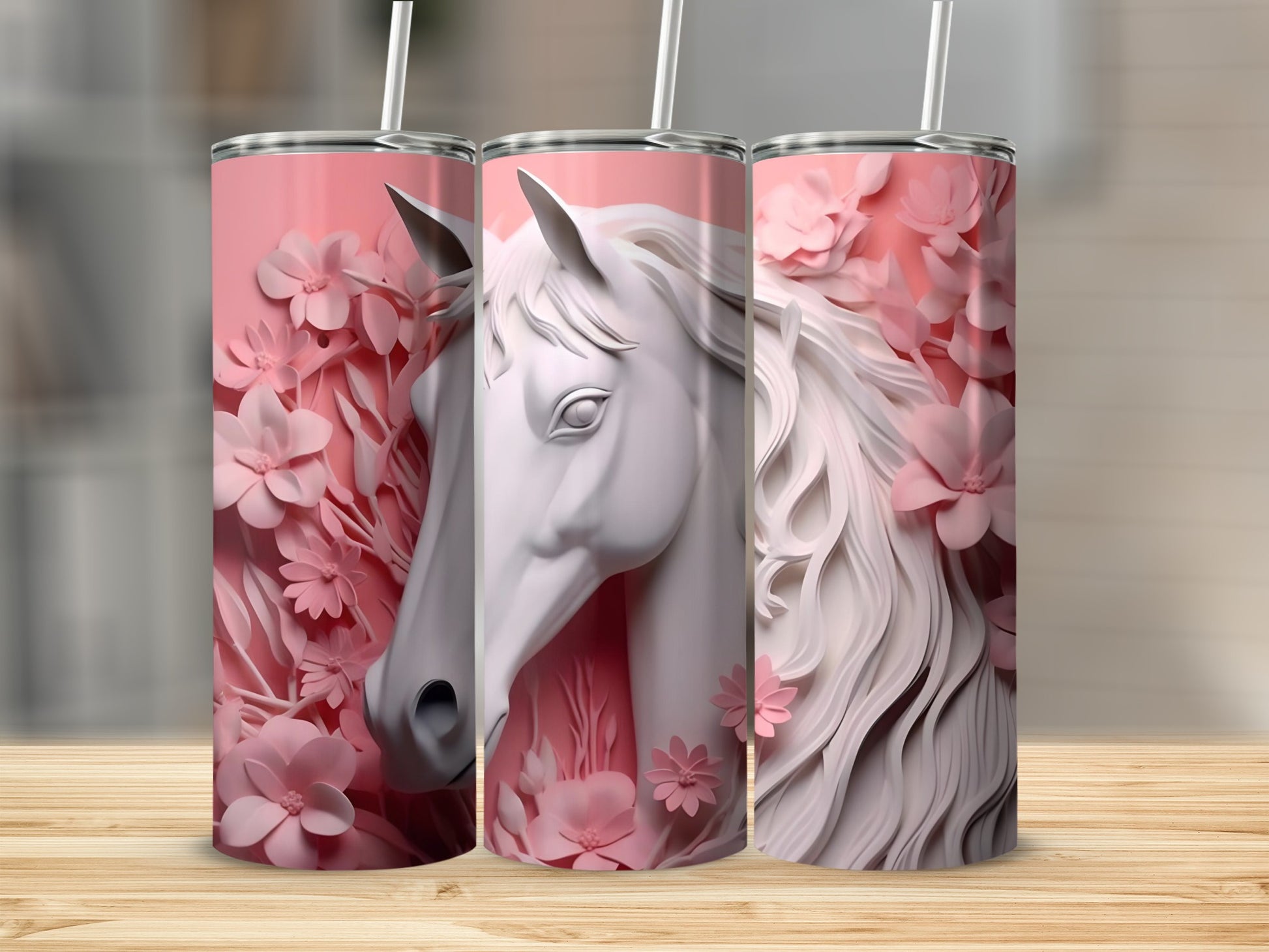 Horse and Floral Design on Stainless Steel Tumbler