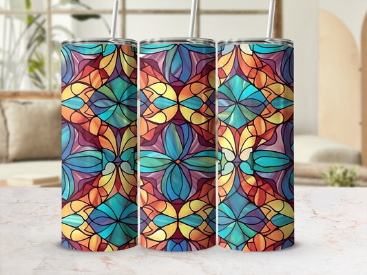 Colorful stained glass pattern on three tumblers.