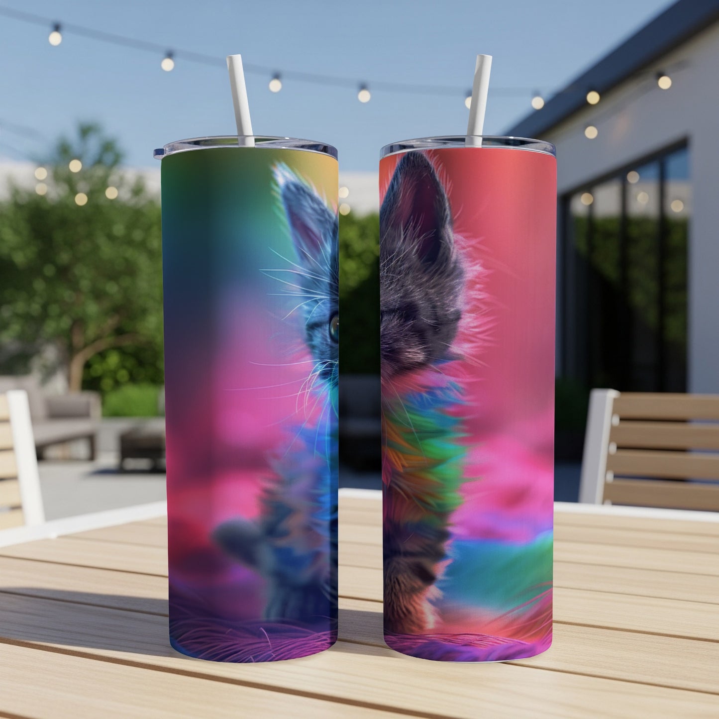 Two tumblers with a colorful cat portrait on a blurred outdoor patio table.