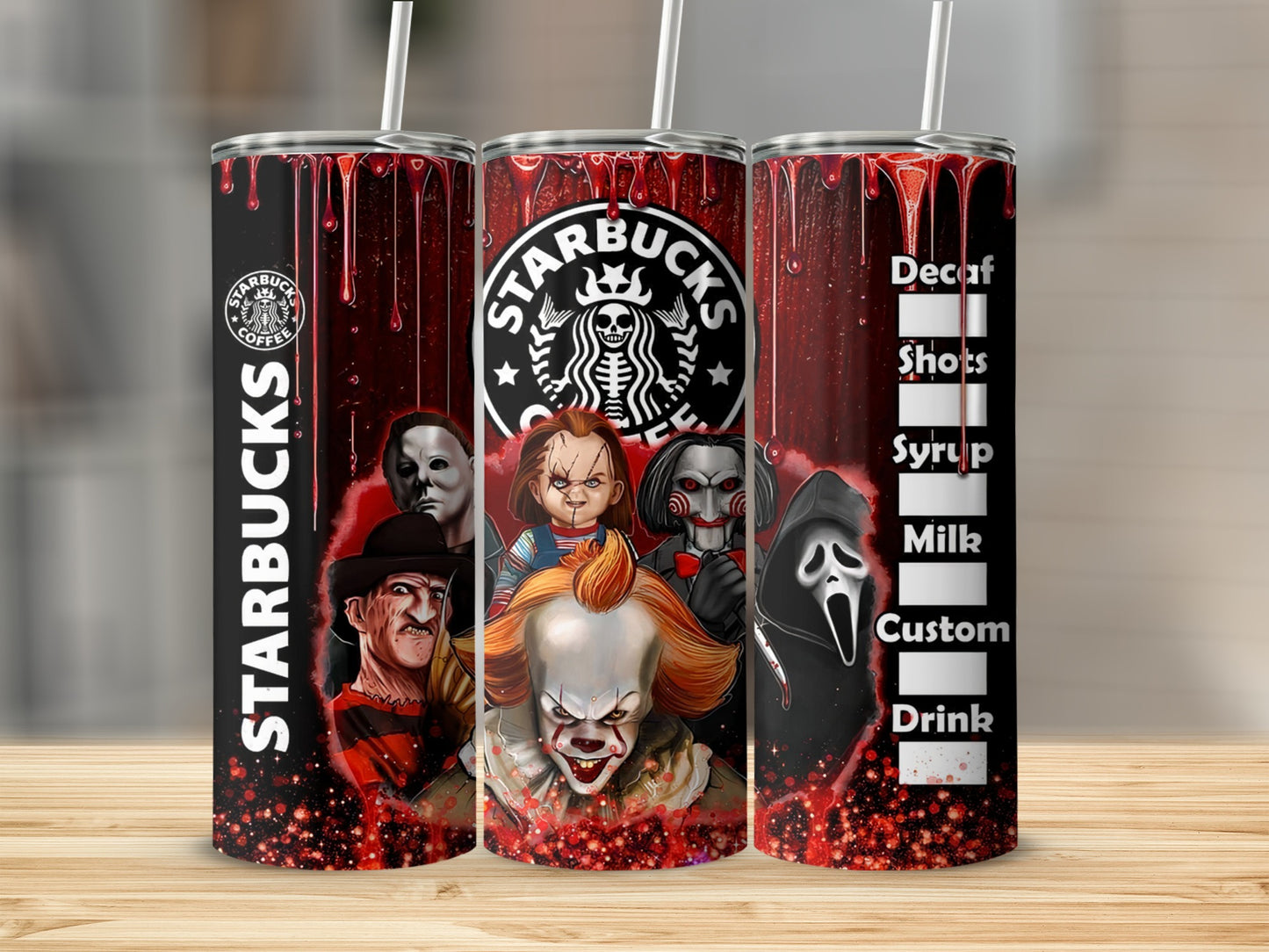 Tumbler with horror movie characters, Starbucks logo, and drink customization options.