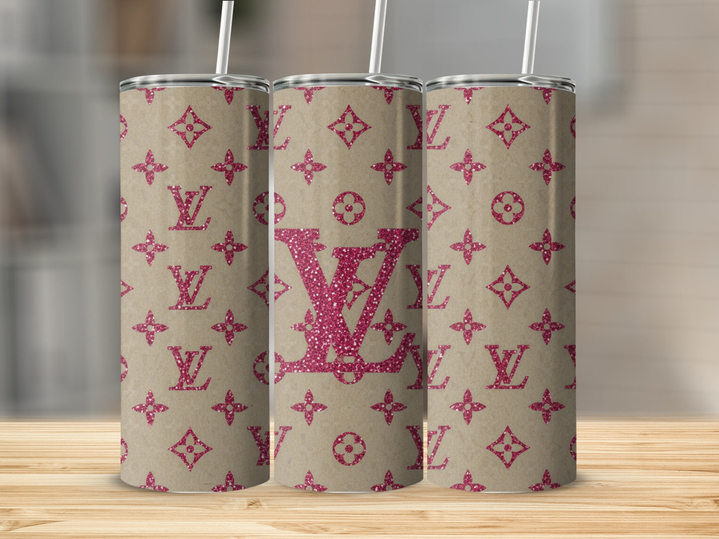 Pink Sparkle Iconic Symbols on Beige Background Tumblers
