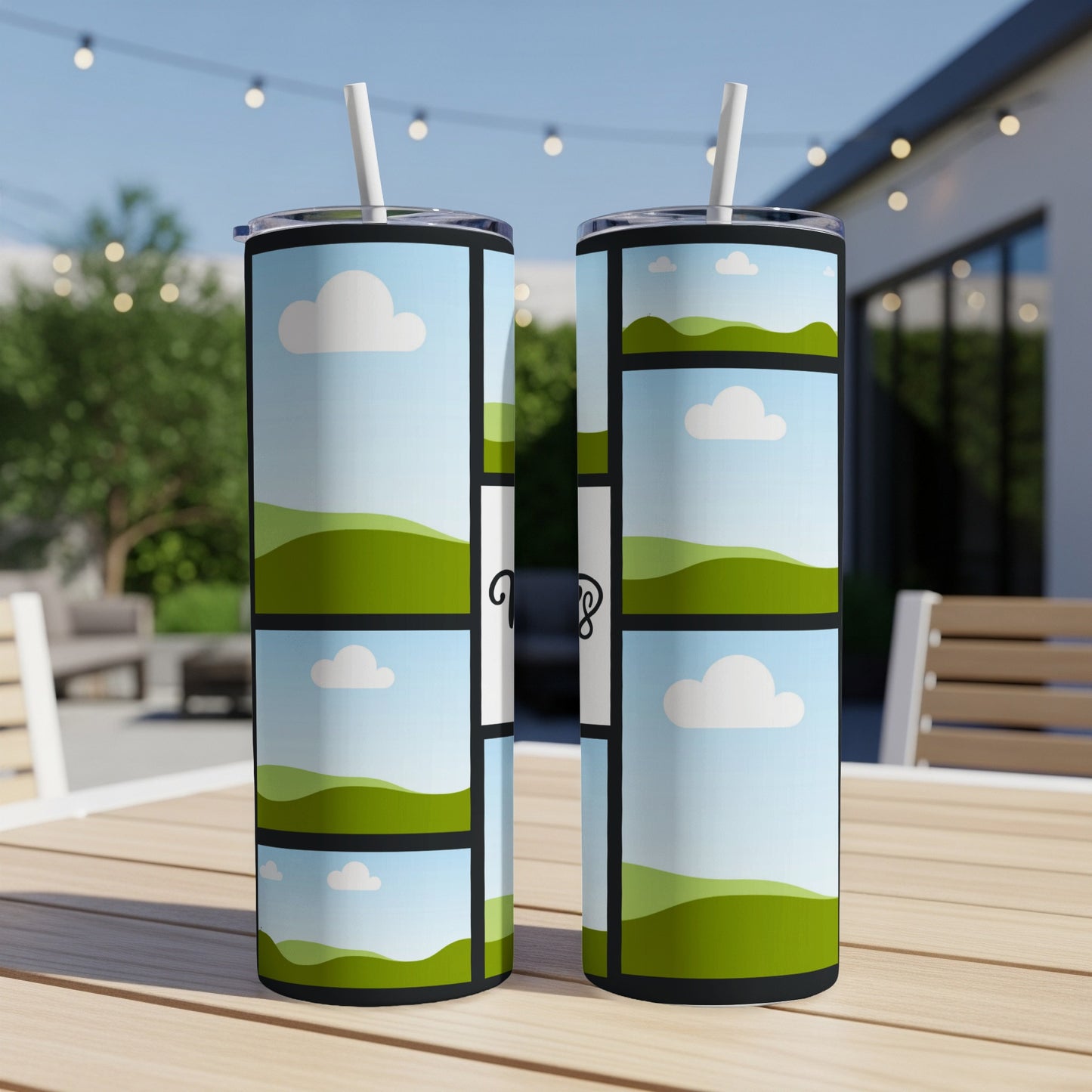Two tumblers with a collage of landscape photos and the script word "Love".