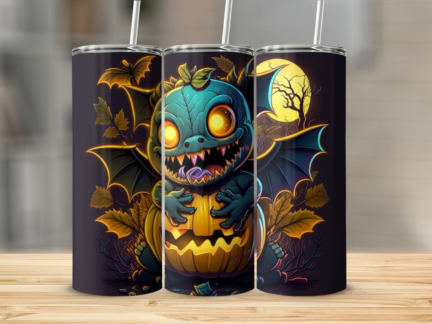 Halloween tumbler with a cute green dragon holding a jack-o'-lantern under a full moon.
