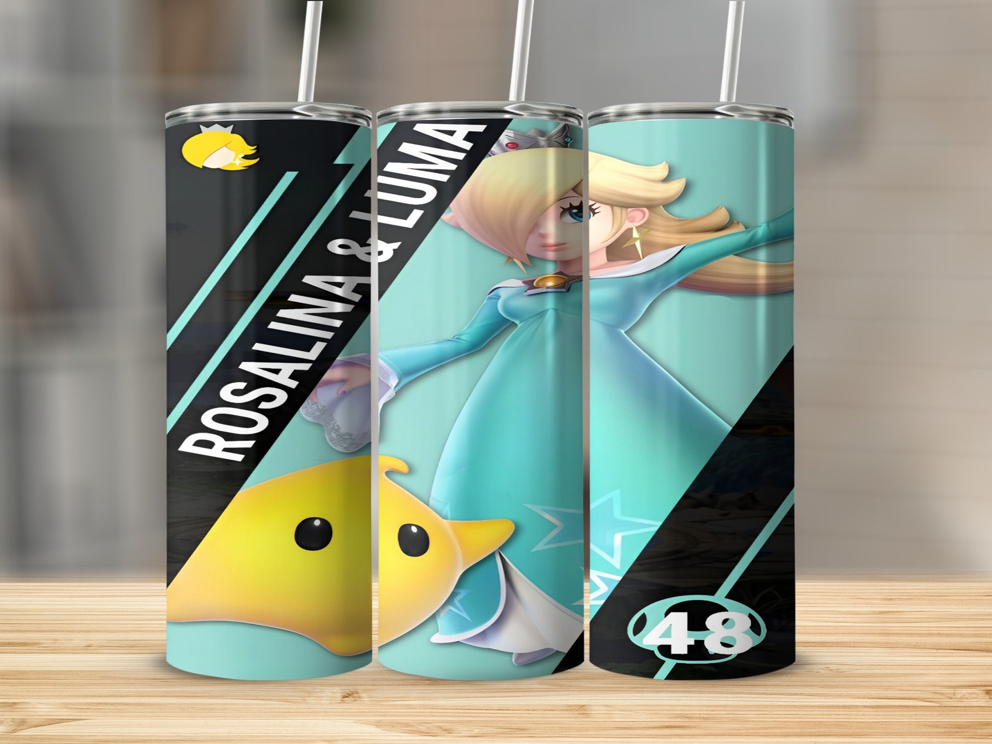 Rosalina and Luma from Super Mario, featured on a skinny tumbler.