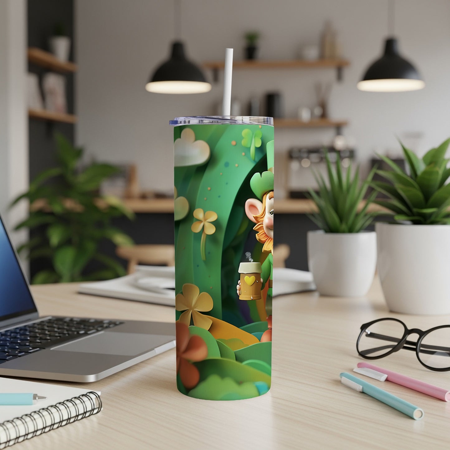 Leprechaun character with coffee cup on St. Patrick's Day themed tumbler.