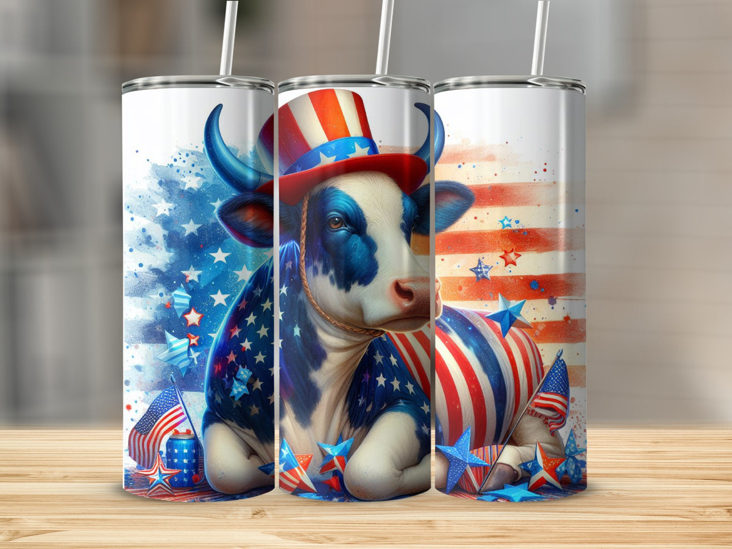 Cow in patriotic hat and stars and stripes on Independence Day themed tumbler.
