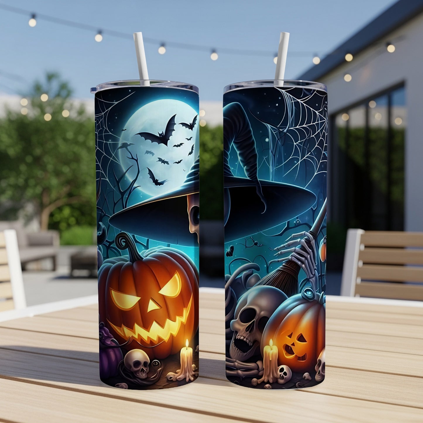 Halloween tumblers with jack-o'-lanterns, skulls, bats, and a witch's hat design.
