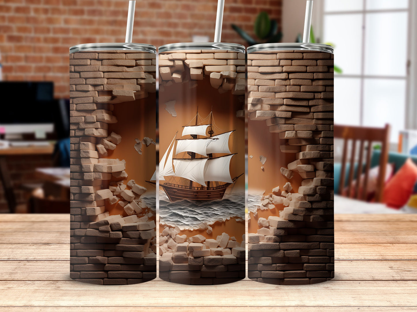Sailing Ship Breaking Through Brick Wall Tumbler
