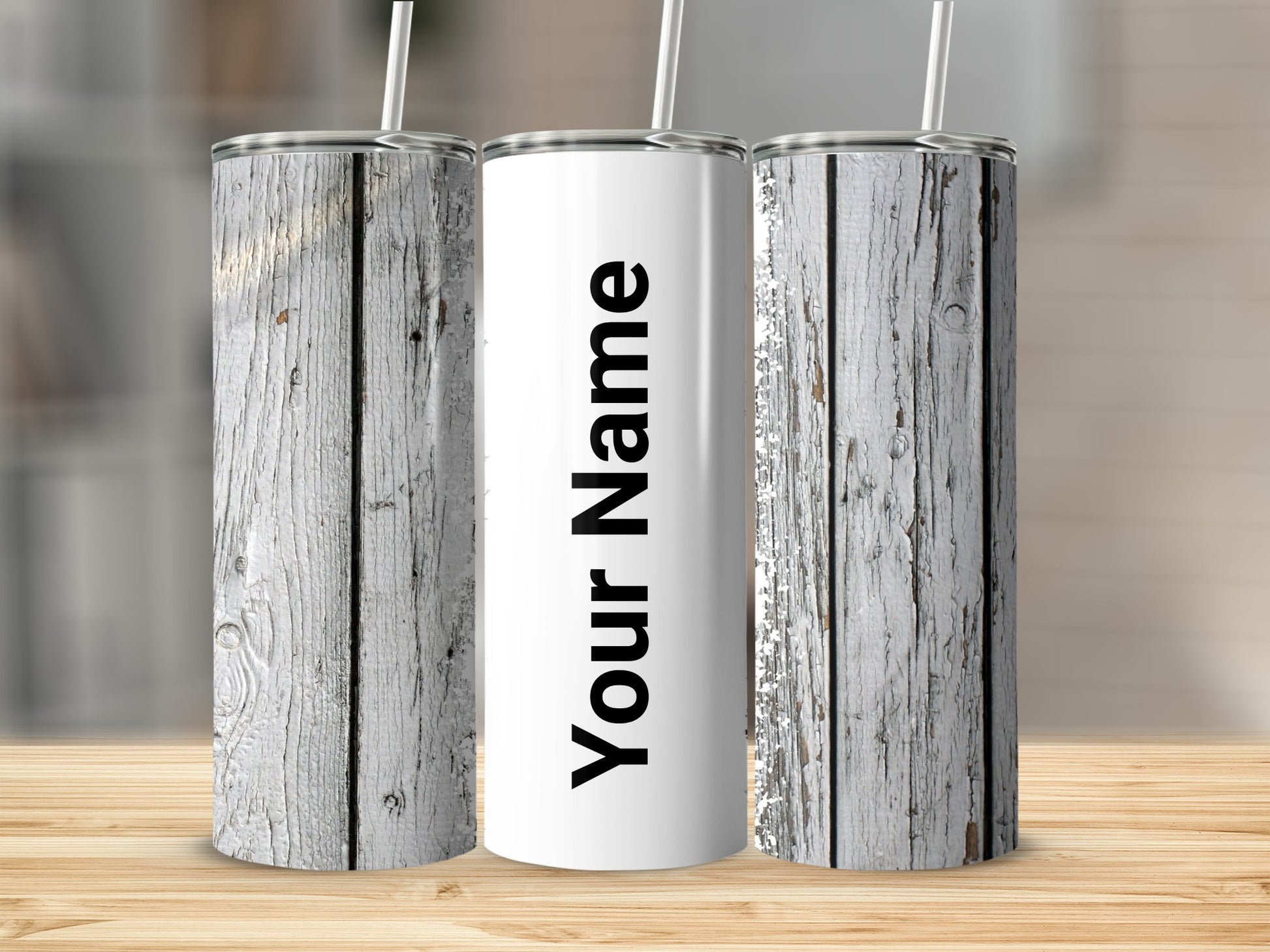 Rustic Weathered Wood Personalized Tumbler with Straw