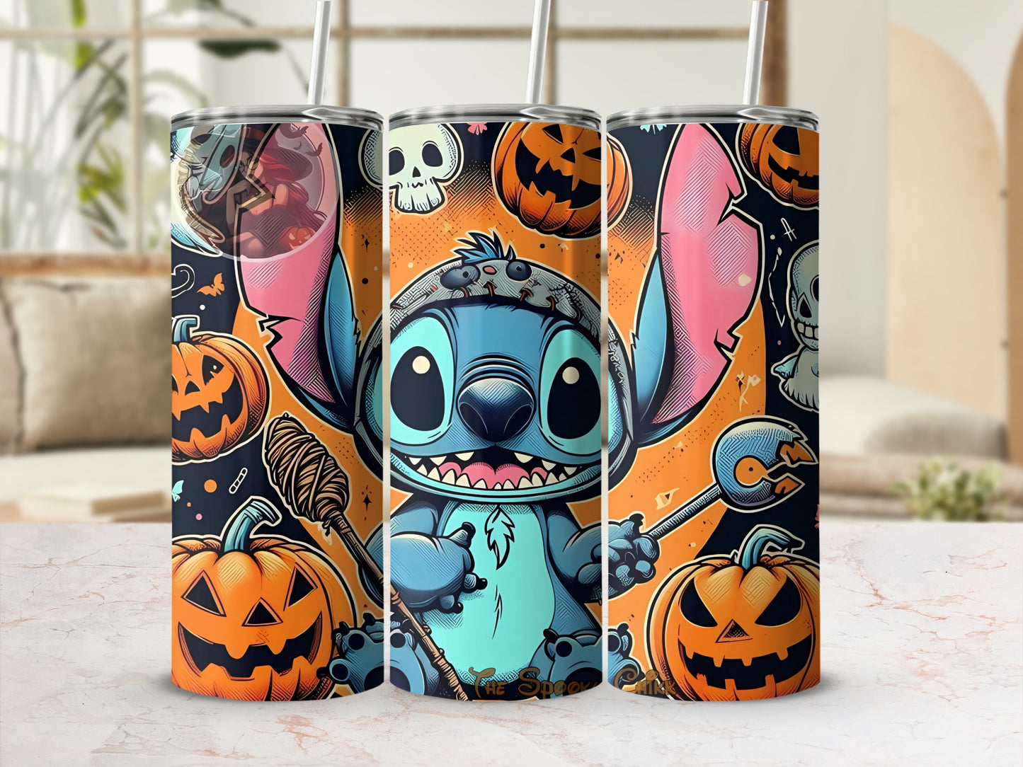 Halloween Stitch Design Tumbler With Pumpkins And Ghosts