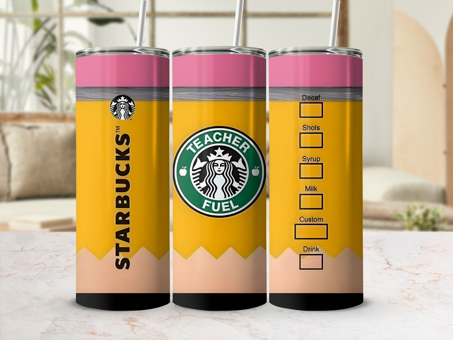 Starbucks tumbler designed like a pencil with "Teacher Fuel" and measurement markings.