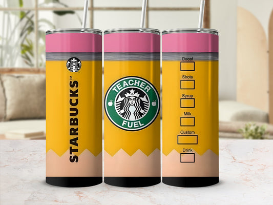Starbucks tumbler designed like a pencil with "Teacher Fuel" and measurement markings.