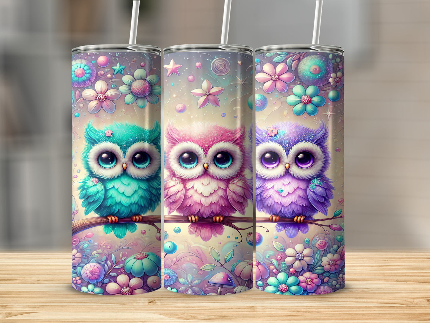 Cute Colorful Owls with Flowers on Tumblers Product