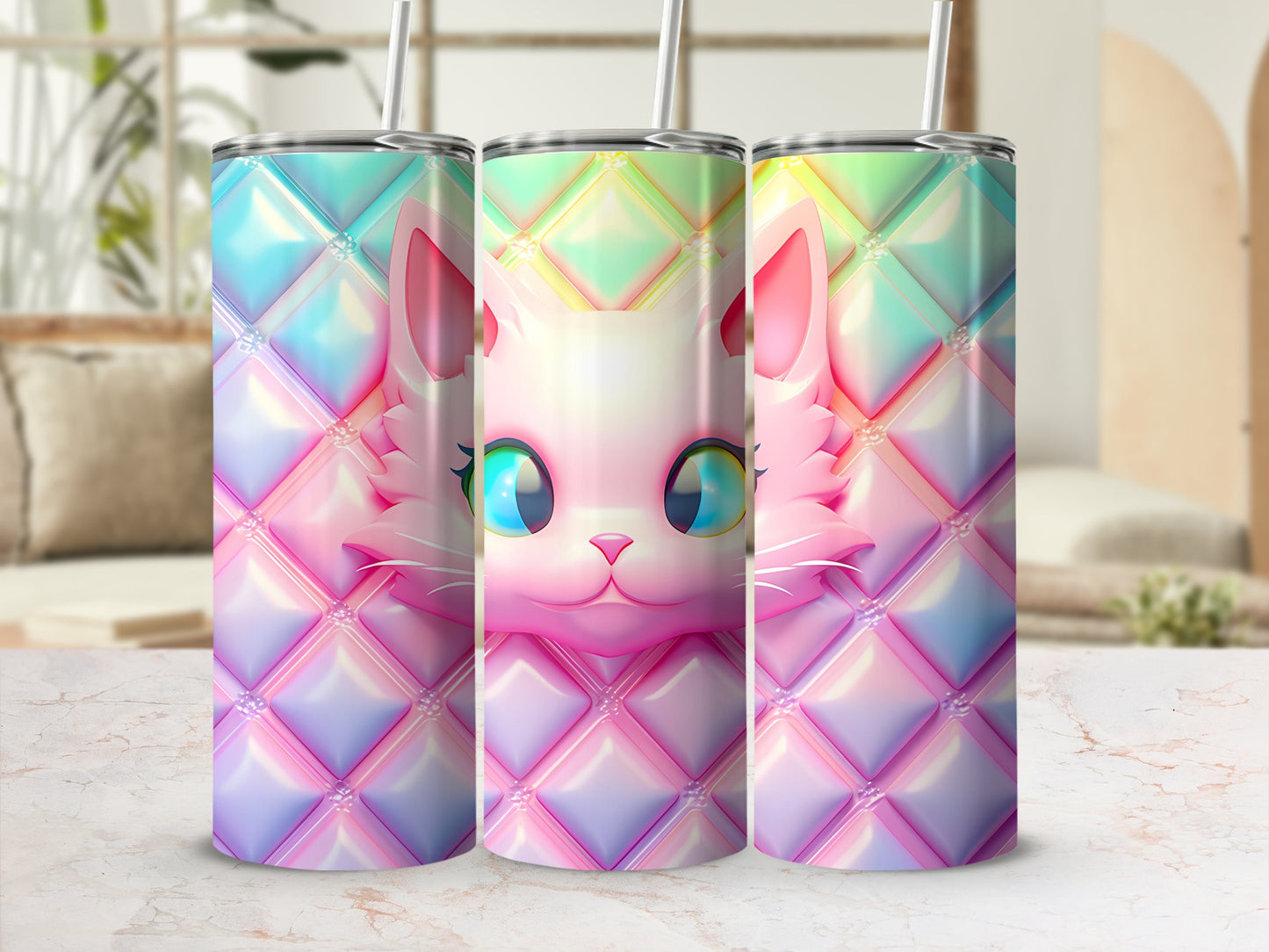 Cute Holographic Quilted Cat Design Tumbler product type