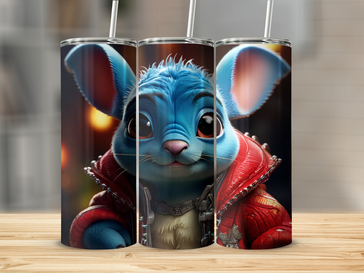 Blue cartoon rabbit in red jacket and white shirt, holding a straw.