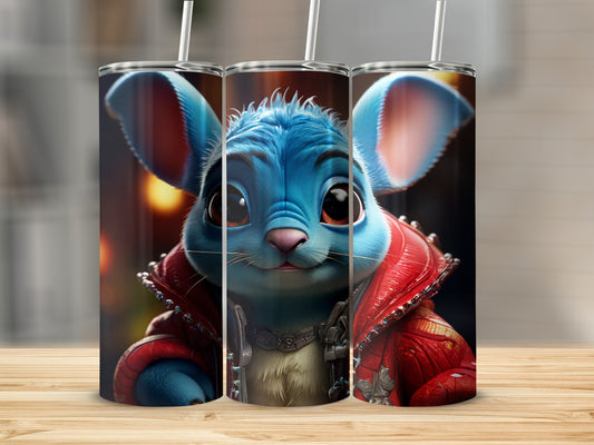 Blue cartoon rabbit in red jacket and white shirt, holding a straw.