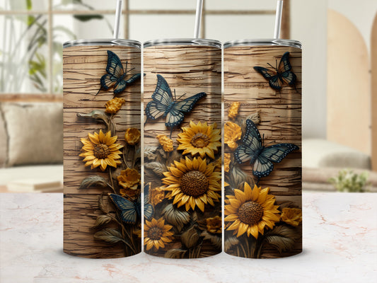 Three tumblers with a wood grain background, sunflowers, and blue butterflies.
